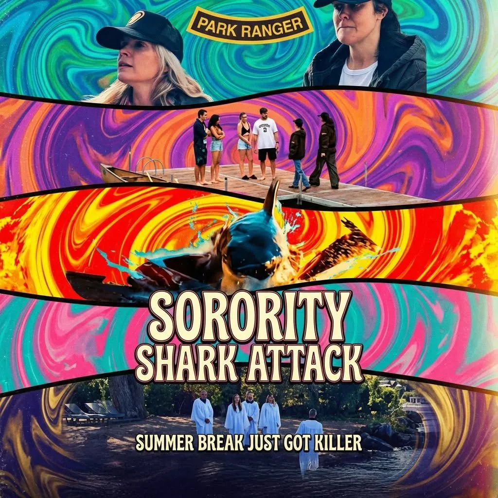 Sorority Shark Attack psychedelic marbled collage with park rangers, students, and a lake