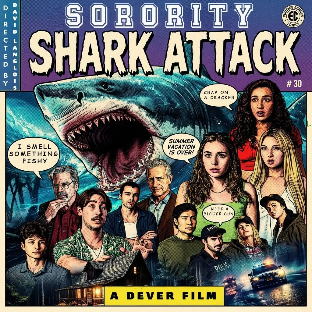 Sorority Shark Attack retro EC-comics style illustrated cover