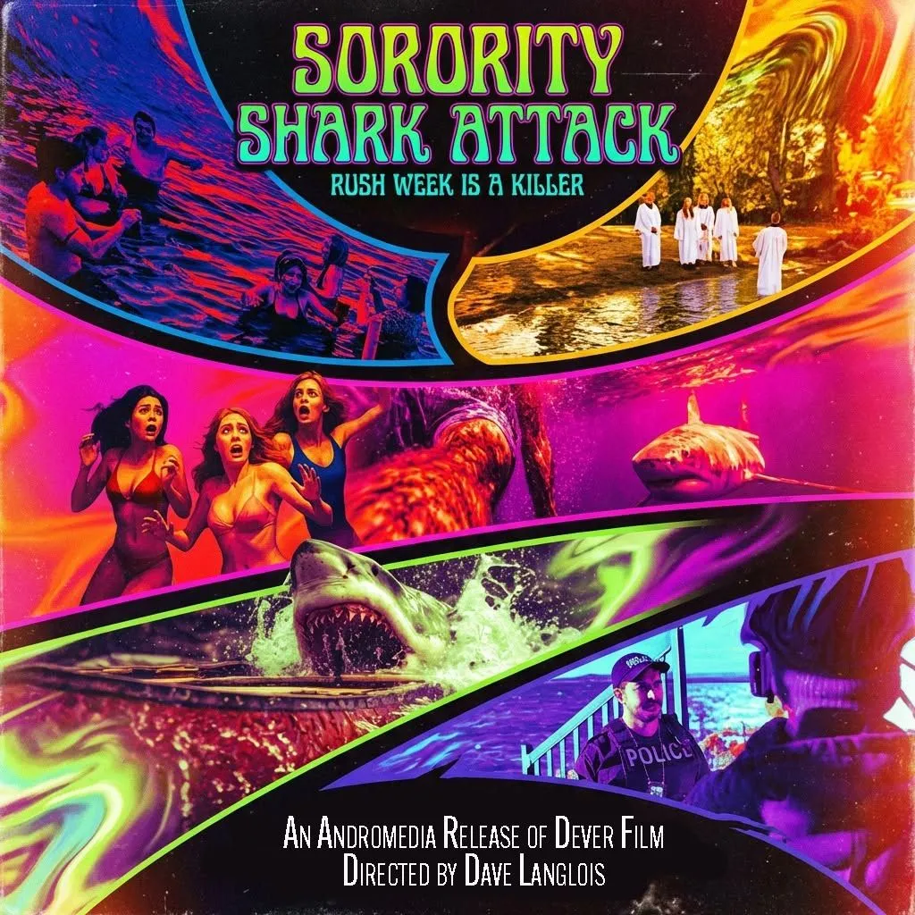 Sorority Shark Attack neon marbled collage with students, sharks, and a lake